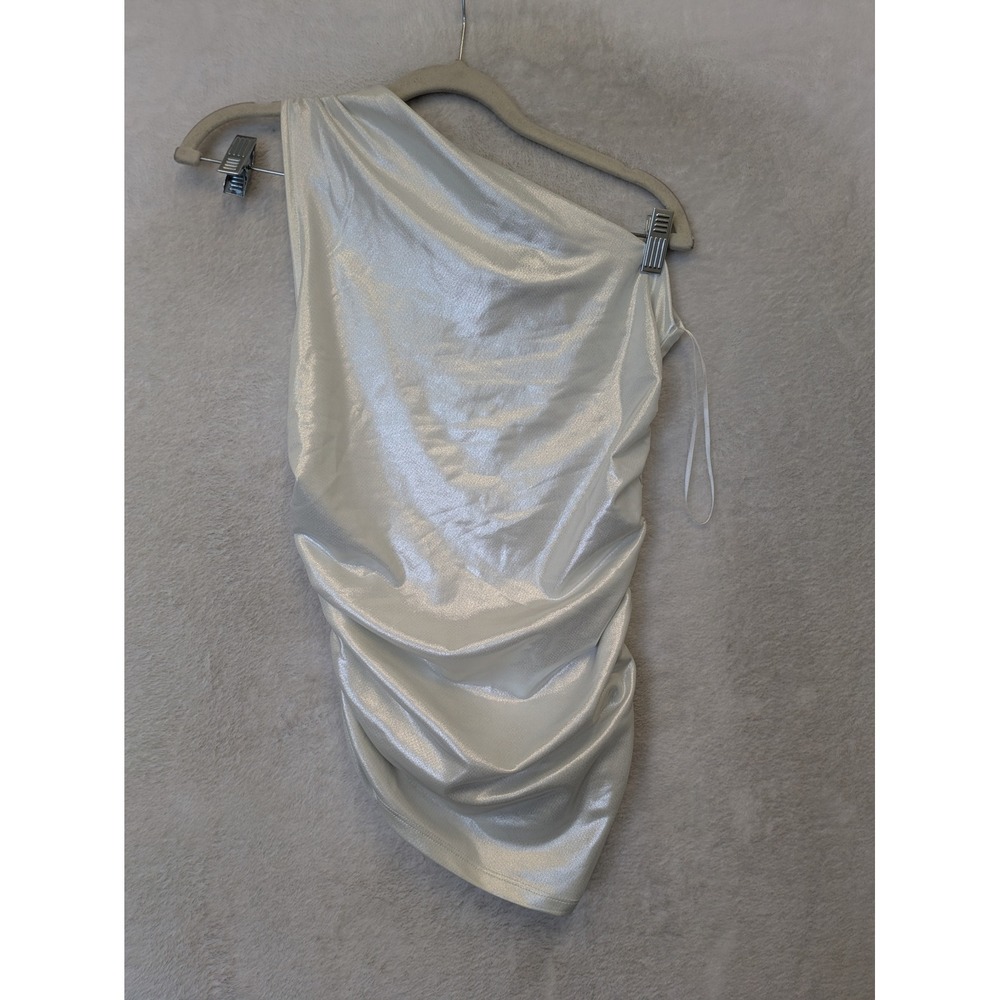 NEW H&M Divided One Shoulder Top Women's Size S Silver Metallic Ruched‎ Party